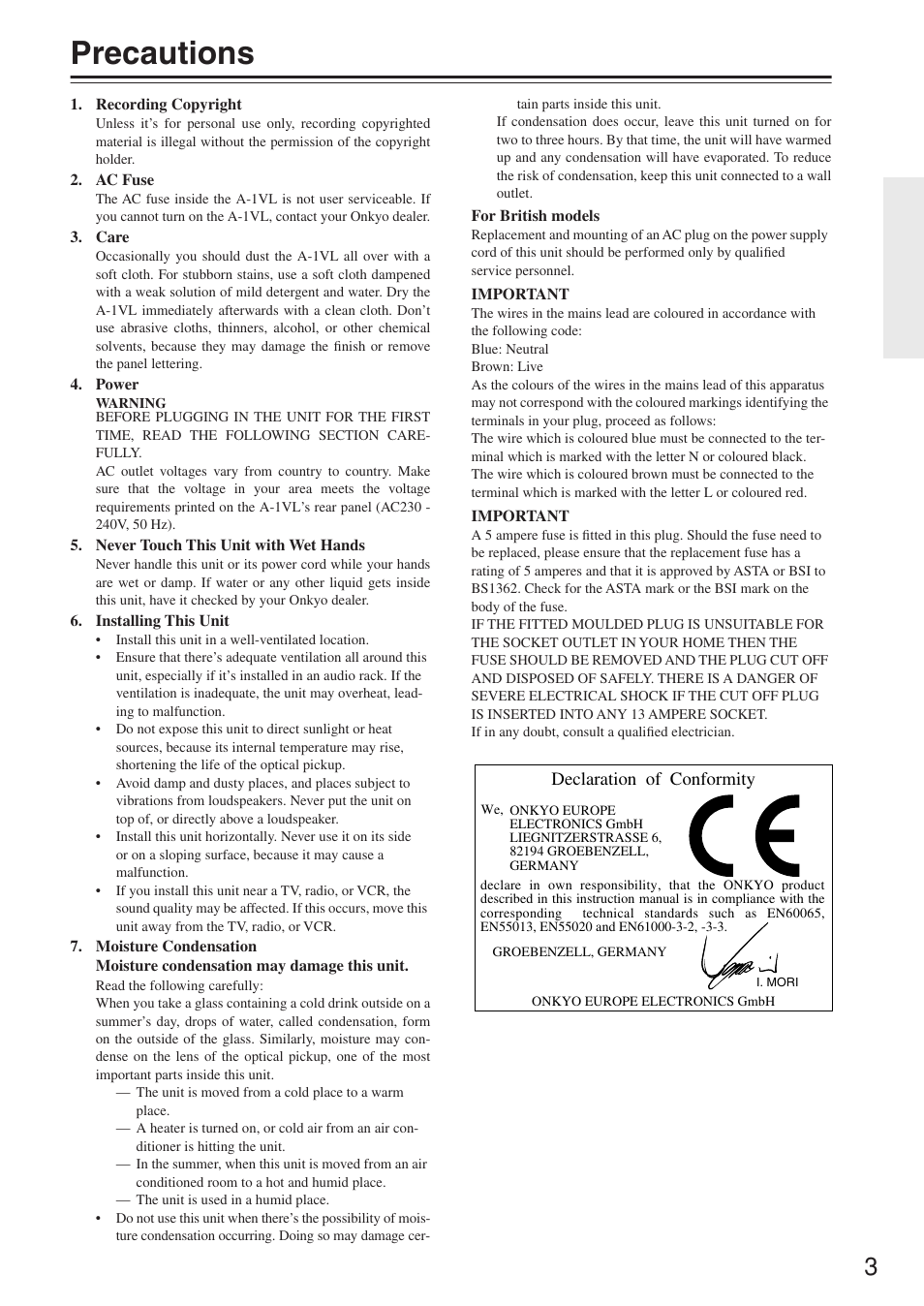 Precautions | Onkyo A-1VL User Manual | Page 3 / 16