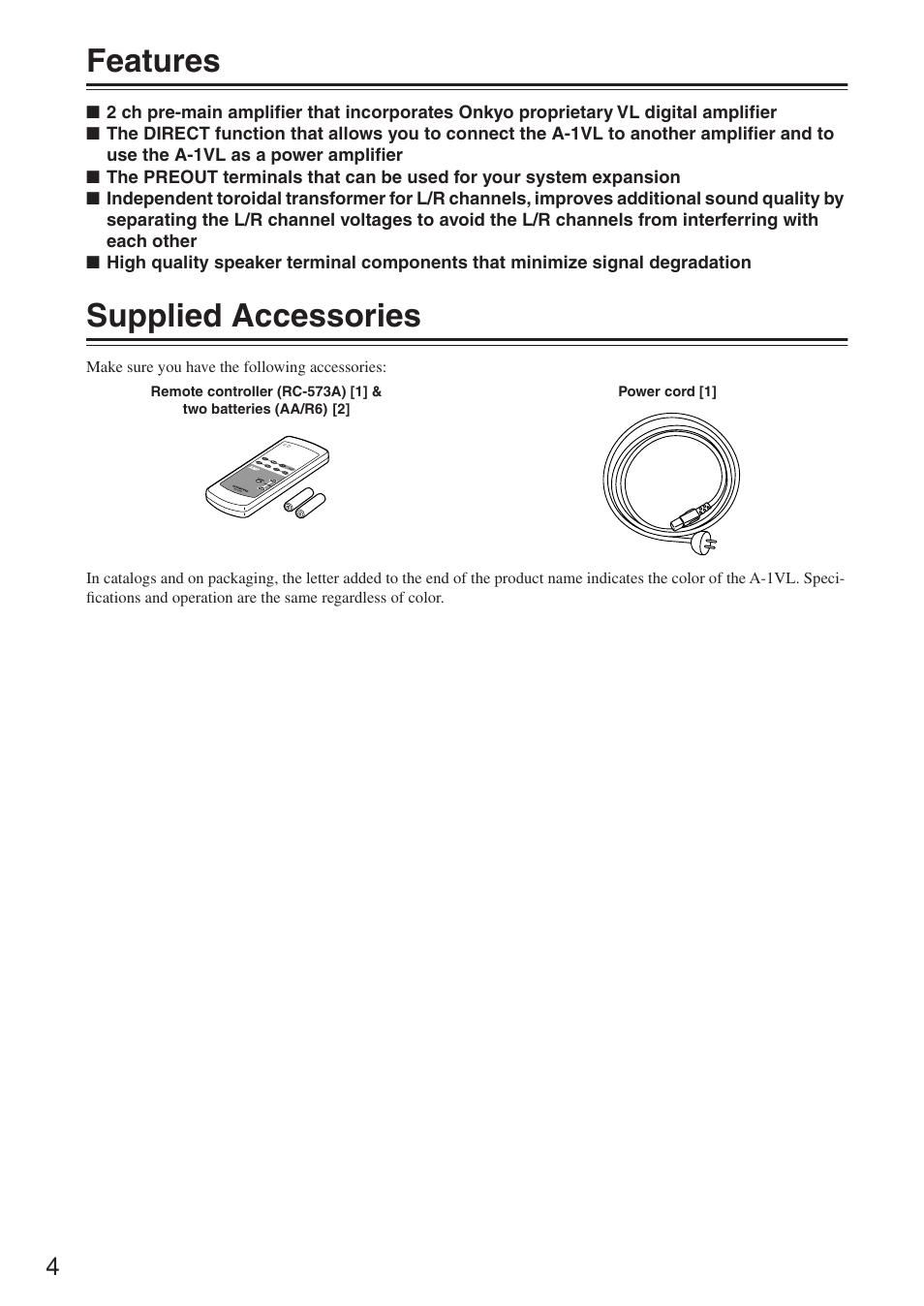 Features, Supplied accessories | Onkyo A-1VL User Manual | Page 4 / 16