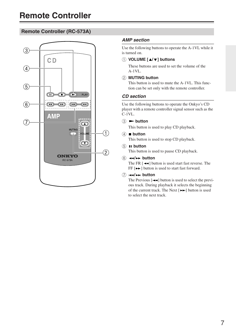 Remote controller | Onkyo A-1VL User Manual | Page 7 / 16