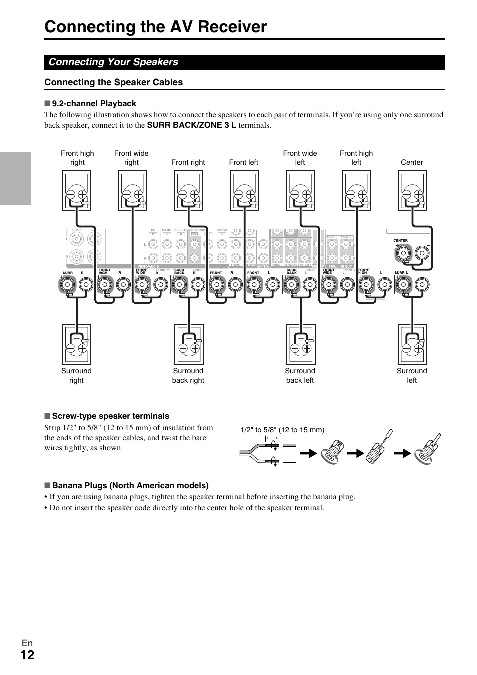 Connections, Connecting the av receiver, Connecting your speakers | See “connecting the av receiver” for con | Onkyo AV RECEIVER TX-NR5009 User Manual | Page 12 / 108