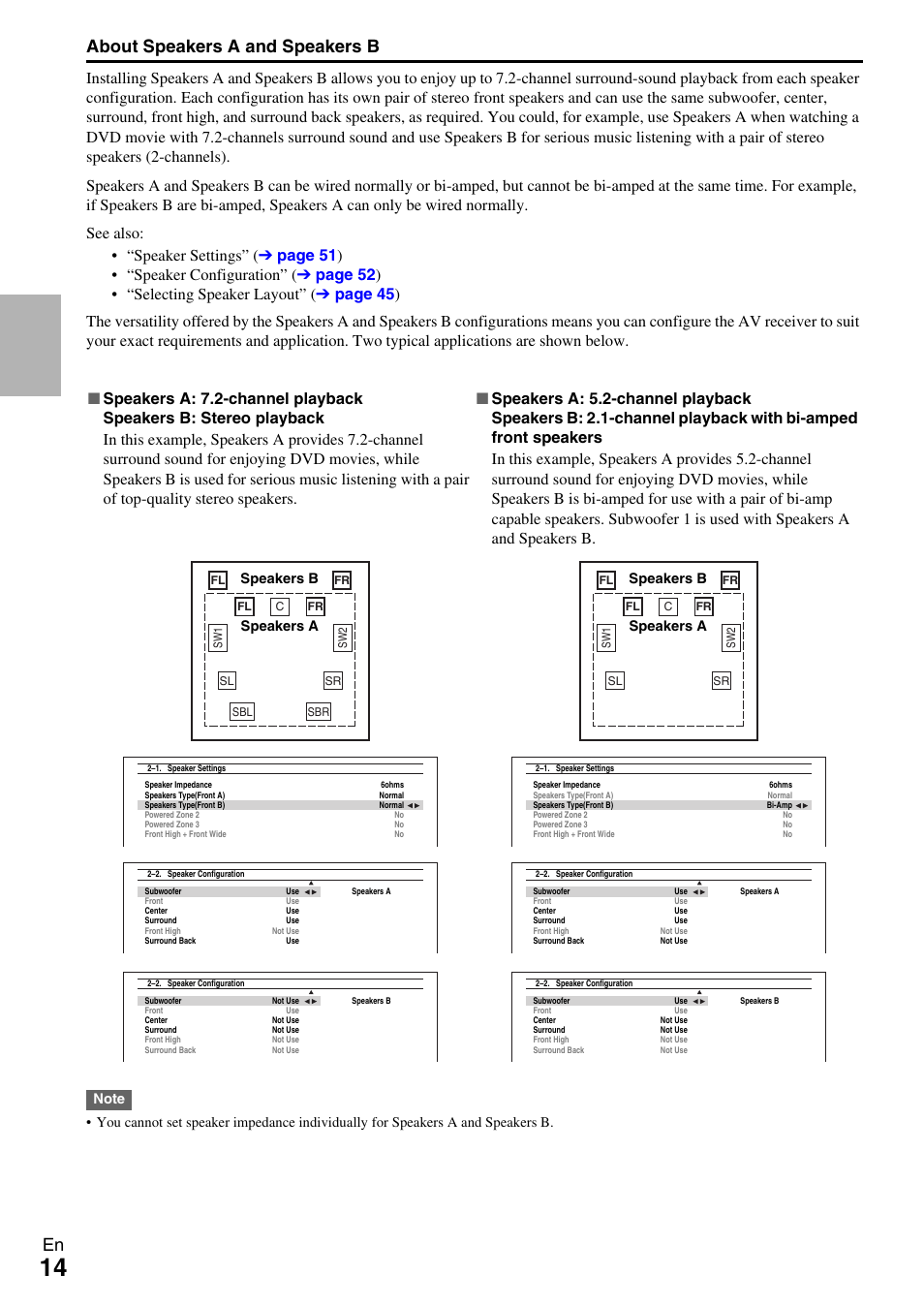 En about speakers a and speakers b | Onkyo AV RECEIVER TX-NR5009 User Manual | Page 14 / 108