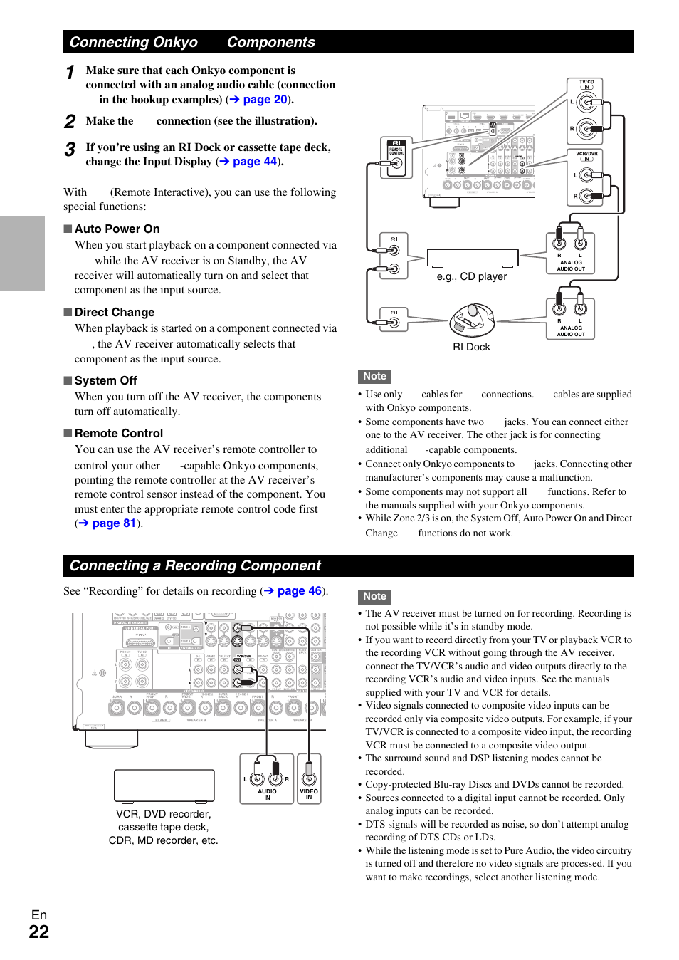 Connecting onkyo ri components, Connecting a recording component, Connecting onkyo | Components, Connecting onkyo components | Onkyo AV RECEIVER TX-NR5009 User Manual | Page 22 / 108