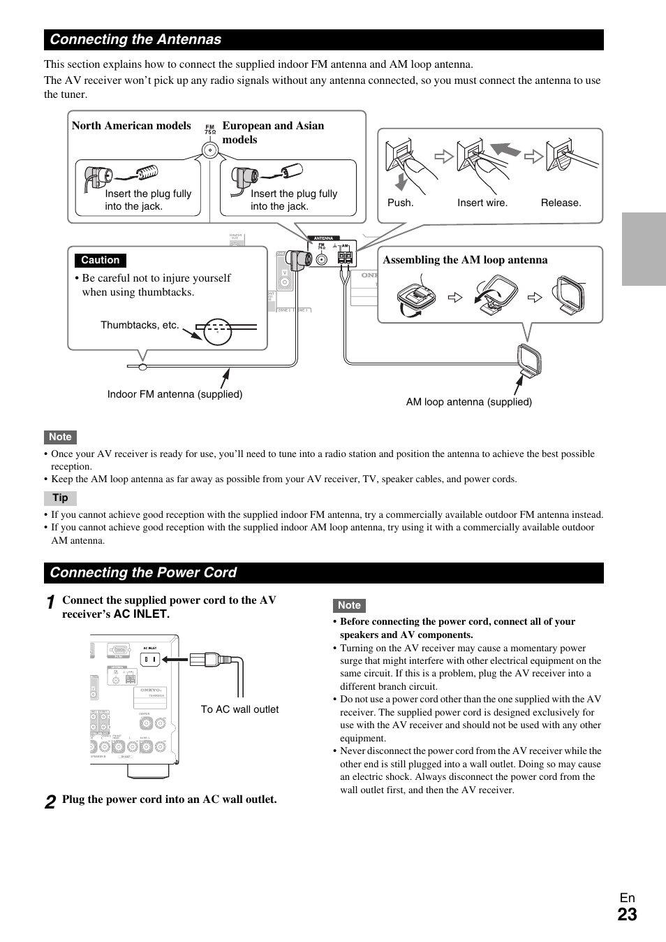 Connecting the antennas, Connecting the power cord, Connecting the antennas connecting the power cord | Onkyo AV RECEIVER TX-NR5009 User Manual | Page 23 / 108