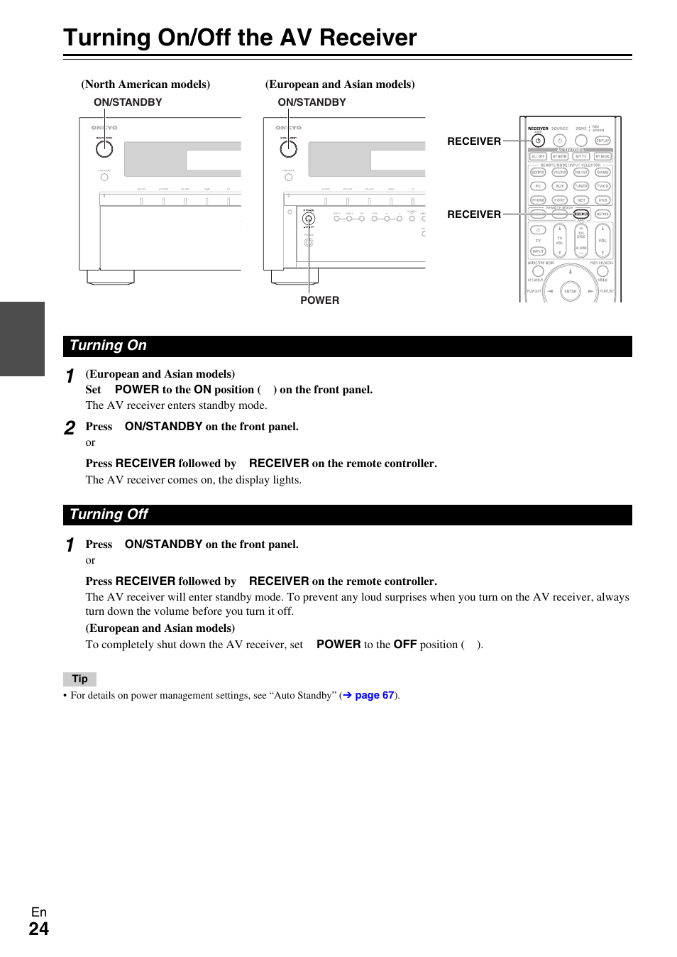 Turning on & basic operations, Turning on/off the av receiver, Turning on | Turning off, Turning on turning off, Button | Onkyo AV RECEIVER TX-NR5009 User Manual | Page 24 / 108