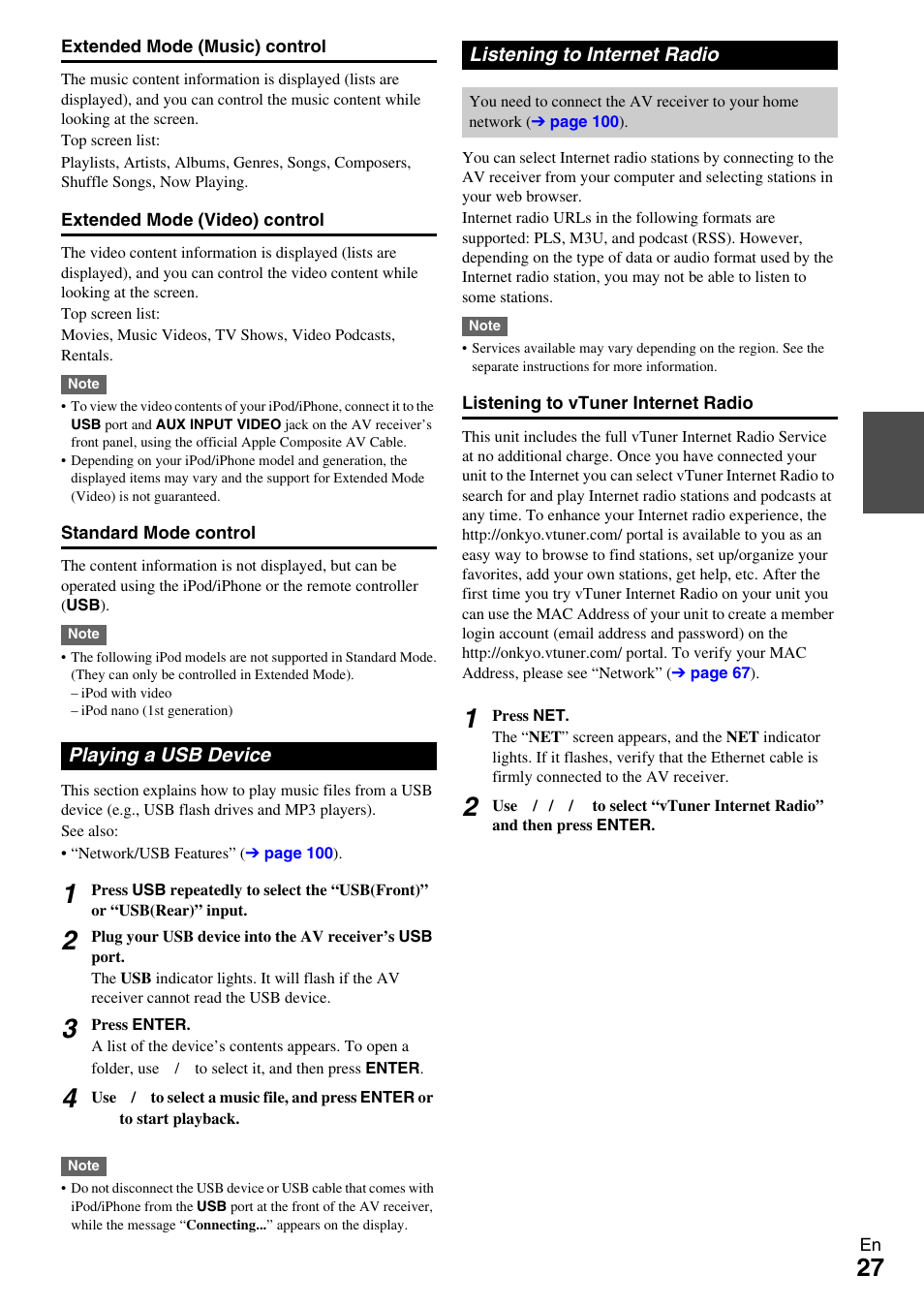 Playing a usb device, Listening to internet radio, Playing a usb device listening to internet radio | Onkyo AV RECEIVER TX-NR5009 User Manual | Page 27 / 108