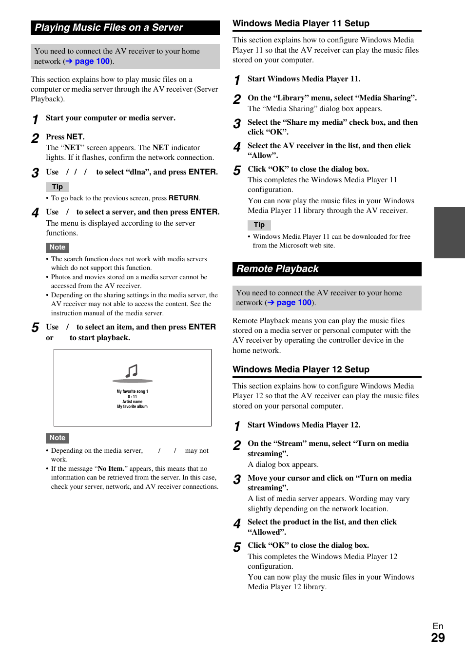Playing music files on a server, Remote playback, Playing music files on a server remote playback | Onkyo AV RECEIVER TX-NR5009 User Manual | Page 29 / 108