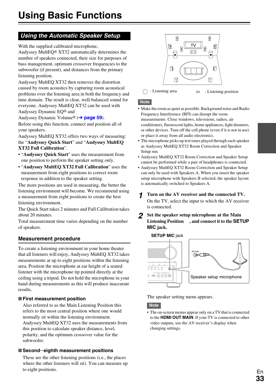 Using basic functions, Using the automatic speaker setup | Onkyo AV RECEIVER TX-NR5009 User Manual | Page 33 / 108
