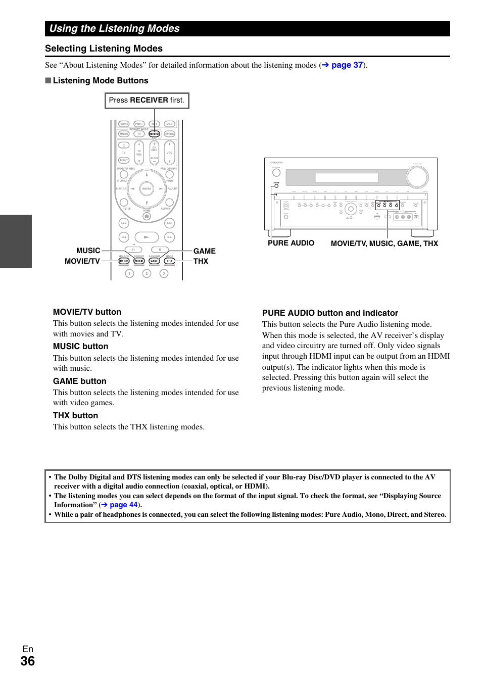Using the listening modes | Onkyo AV RECEIVER TX-NR5009 User Manual | Page 36 / 108