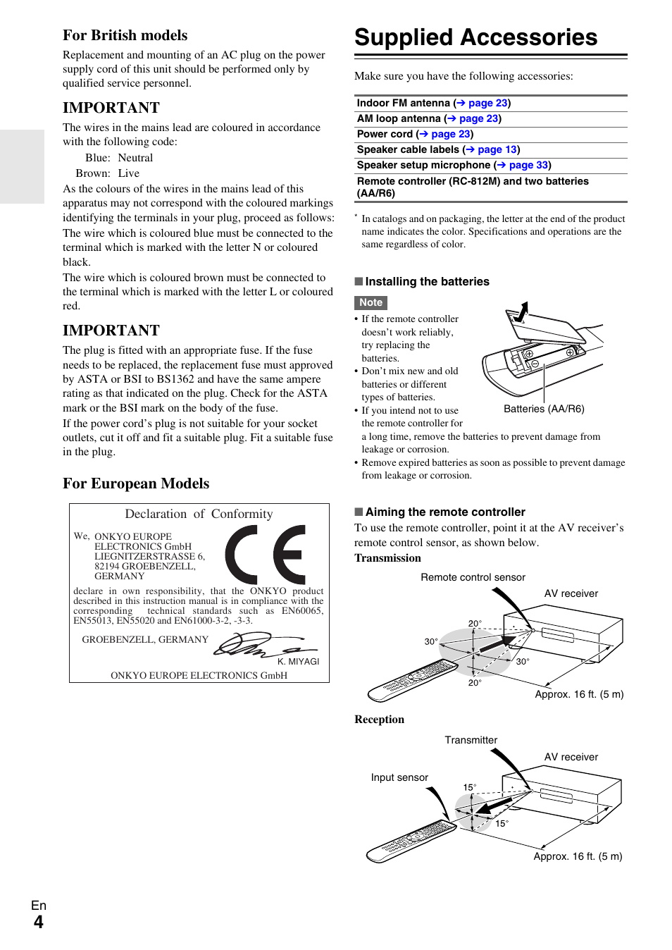 Supplied accessories, For british models, Important | For european models | Onkyo AV RECEIVER TX-NR5009 User Manual | Page 4 / 108