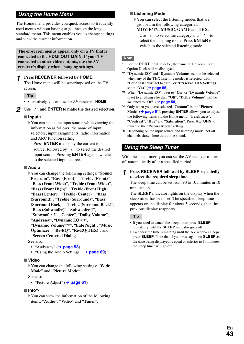 Using the home menu, Using the sleep timer, Using the home menu using the sleep timer | Onkyo AV RECEIVER TX-NR5009 User Manual | Page 43 / 108