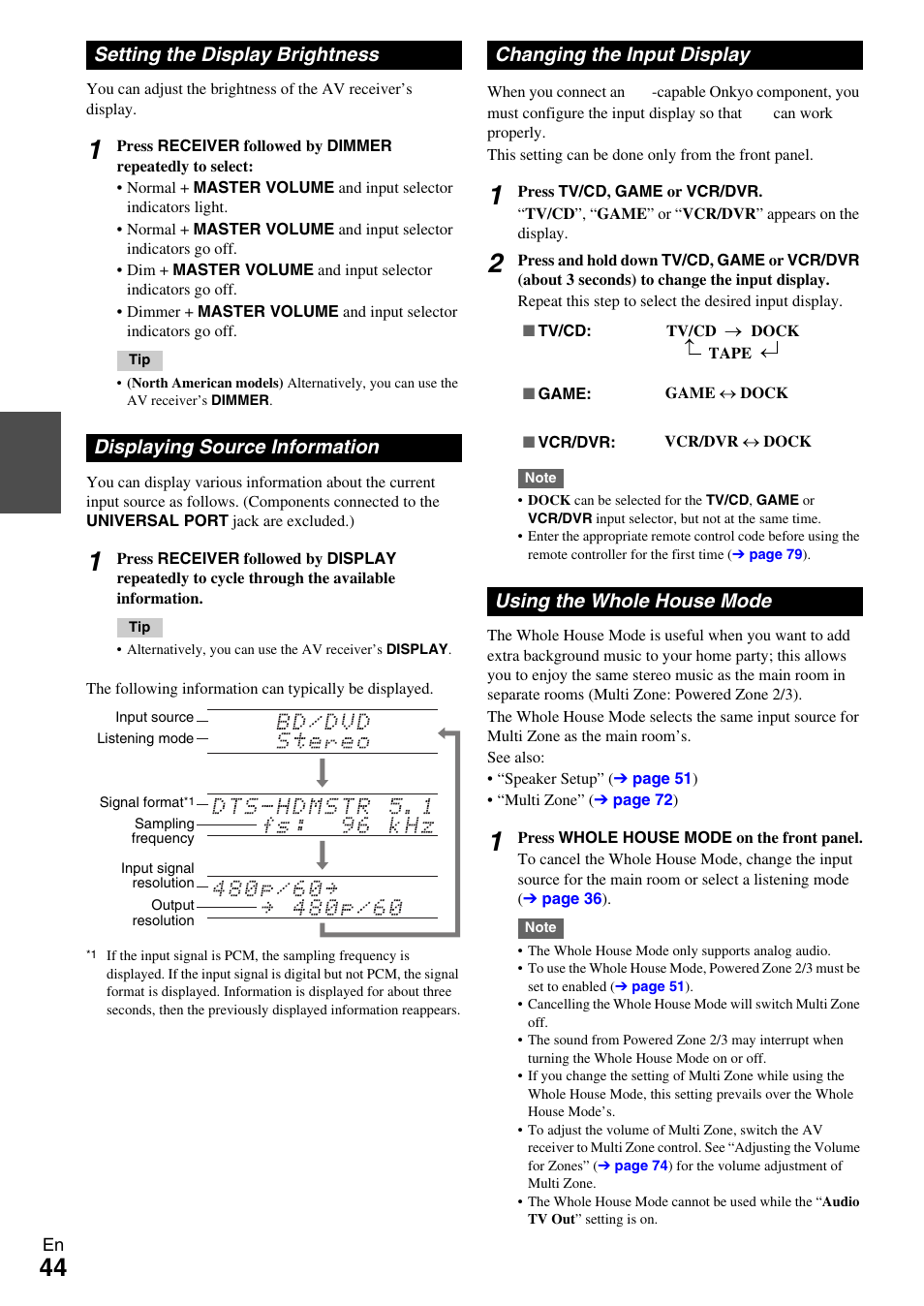 Setting the display brightness, Displaying source information, Changing the input display | Using the whole house mode, Button, Information | Onkyo AV RECEIVER TX-NR5009 User Manual | Page 44 / 108