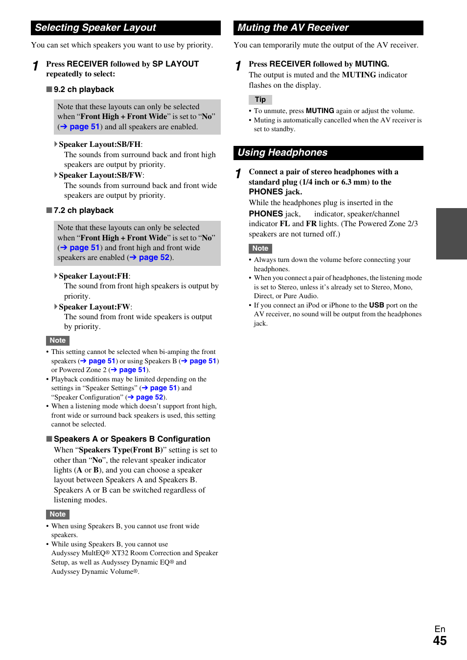 Selecting speaker layout, Muting the av receiver, Using headphones | Jack | Onkyo AV RECEIVER TX-NR5009 User Manual | Page 45 / 108