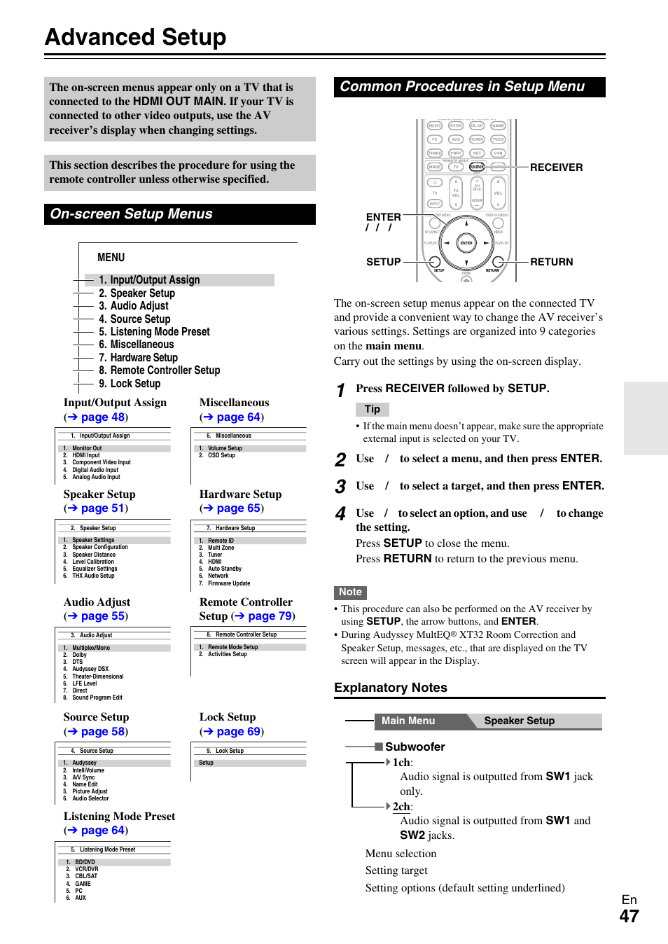 Advanced operations, Advanced setup, On-screen setup menus | Common procedures in setup menu | Onkyo AV RECEIVER TX-NR5009 User Manual | Page 47 / 108