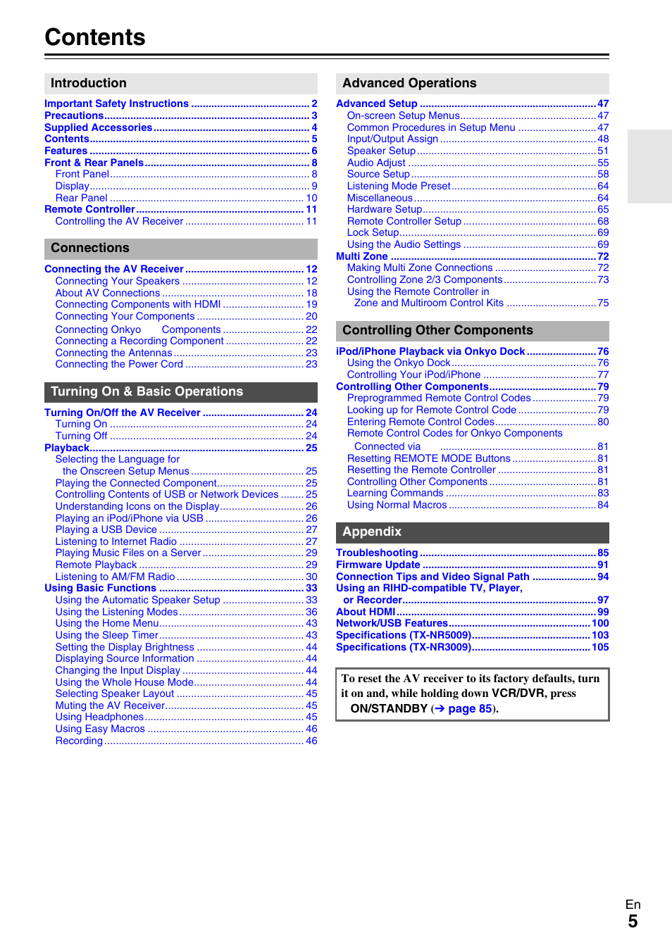 Onkyo AV RECEIVER TX-NR5009 User Manual | Page 5 / 108