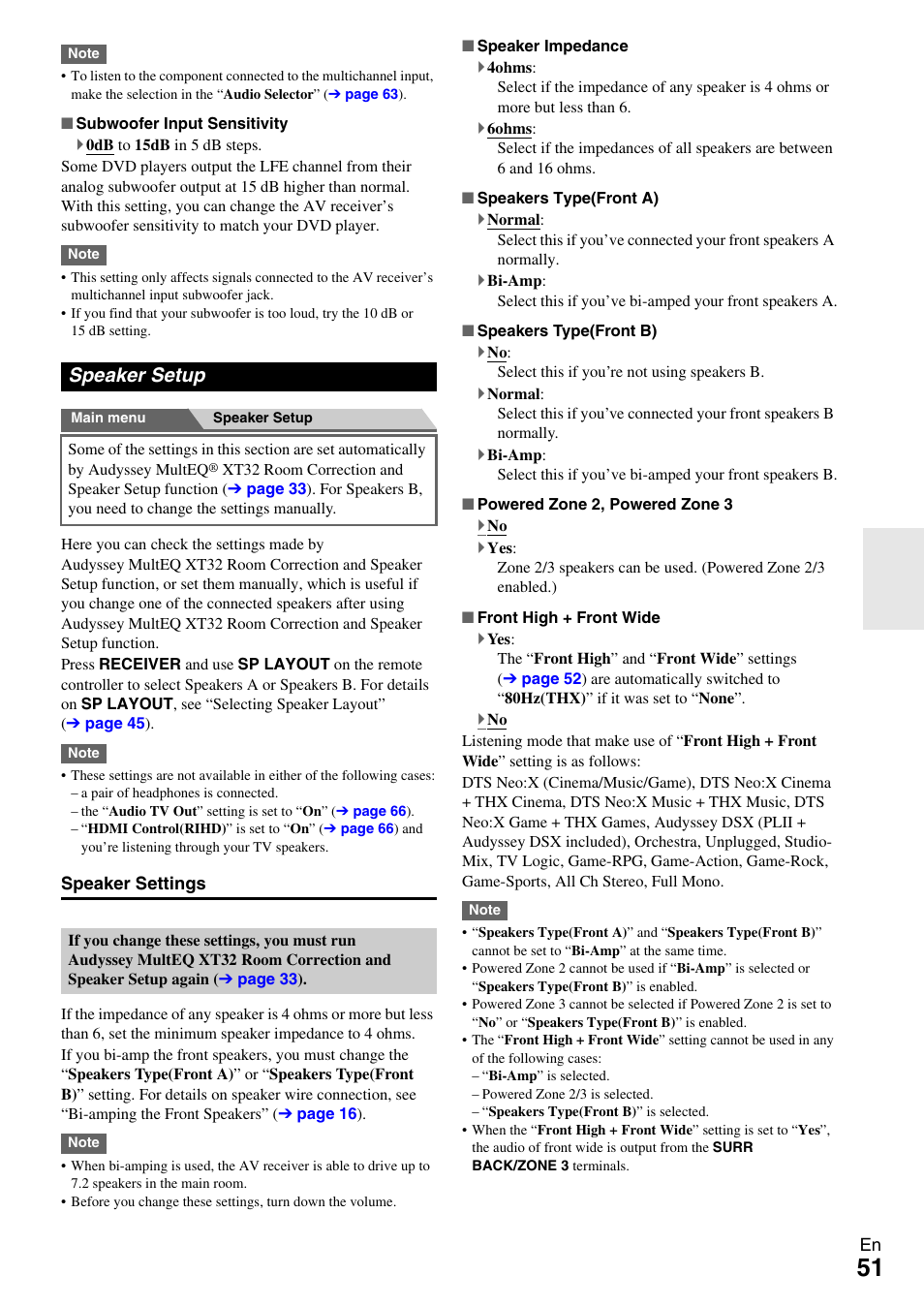 Speaker setup, Speaker settings, By using the “speaker setup | Subwoofer input sensitivity, Perform the “speaker setup, Or using speakers b, Ne 2, Settings in “speaker settings, And al, And f | Onkyo AV RECEIVER TX-NR5009 User Manual | Page 51 / 108