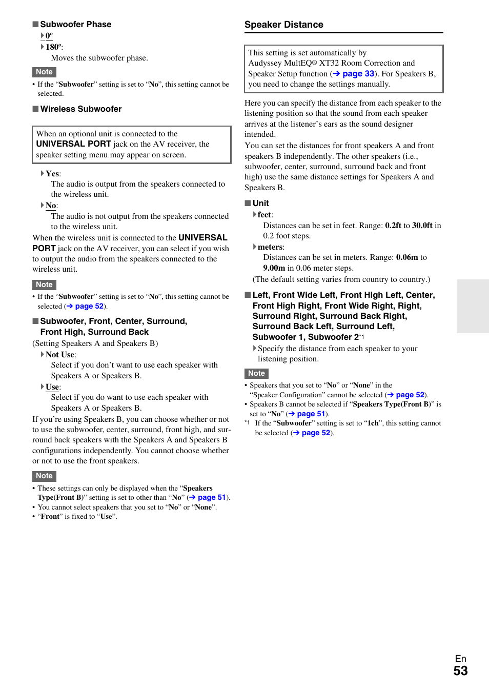 Speaker distance | Onkyo AV RECEIVER TX-NR5009 User Manual | Page 53 / 108