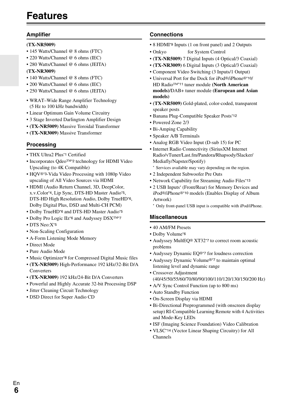 Features | Onkyo AV RECEIVER TX-NR5009 User Manual | Page 6 / 108