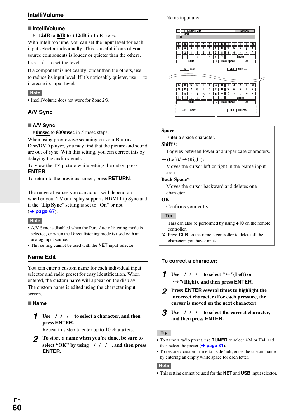 En intellivolume, A/v sync, Name edit | Onkyo AV RECEIVER TX-NR5009 User Manual | Page 60 / 108
