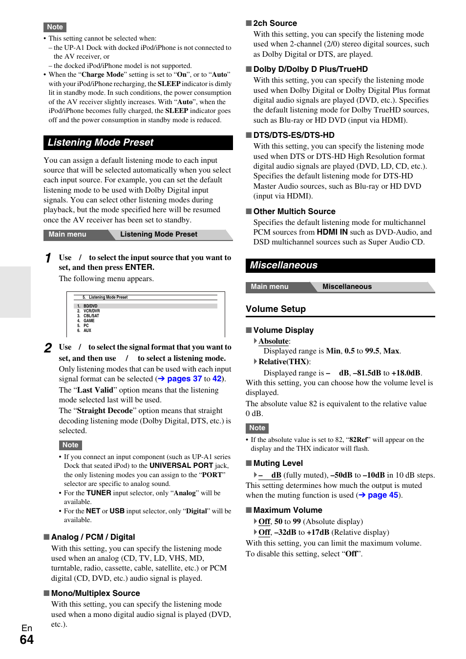Listening mode preset, Miscellaneous, Listening mode preset miscellaneous | Onkyo AV RECEIVER TX-NR5009 User Manual | Page 64 / 108