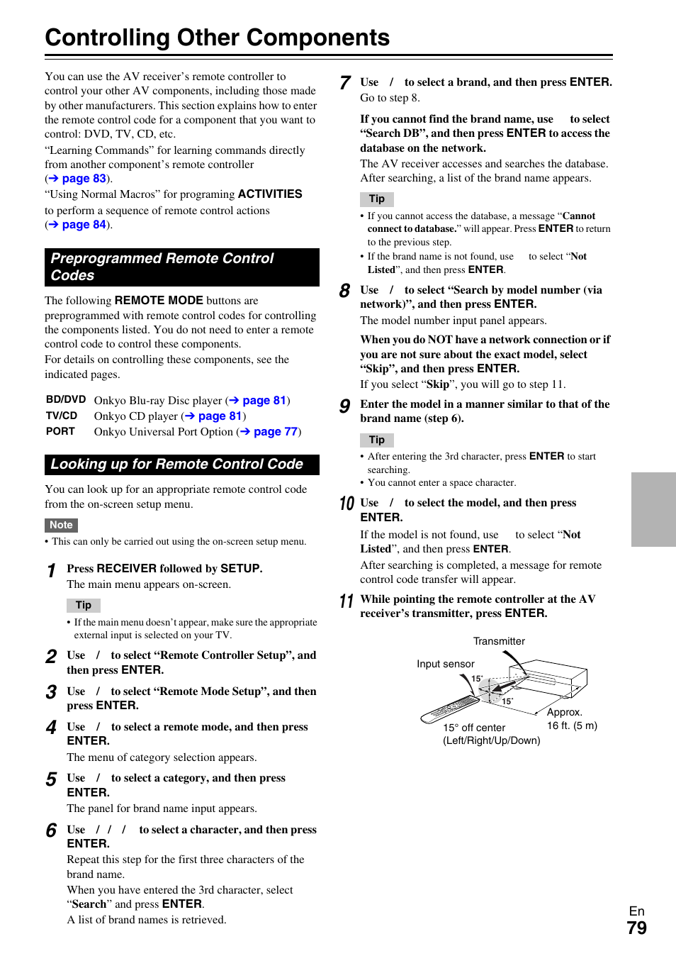 Controlling other components, Preprogrammed remote control codes, Looking up for remote control code | See “controlling other components” about, Onents, See “looking up for remote control code | Onkyo AV RECEIVER TX-NR5009 User Manual | Page 79 / 108