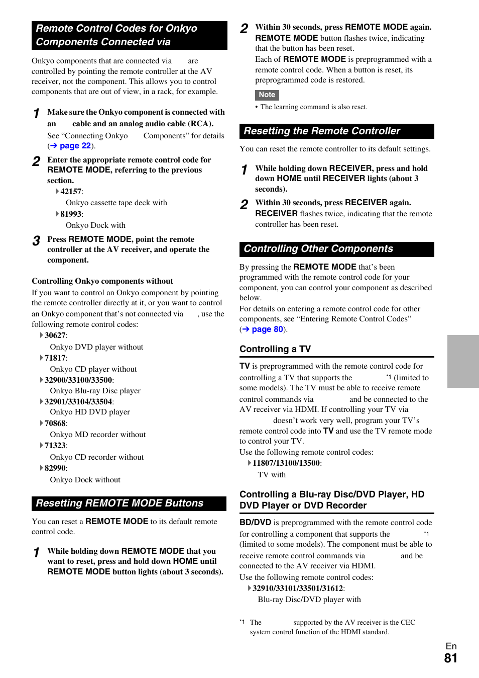 Resetting remote mode buttons, Resetting the remote controller, Controlling other components | Remote control codes for onkyo components, Connected via | Onkyo AV RECEIVER TX-NR5009 User Manual | Page 81 / 108