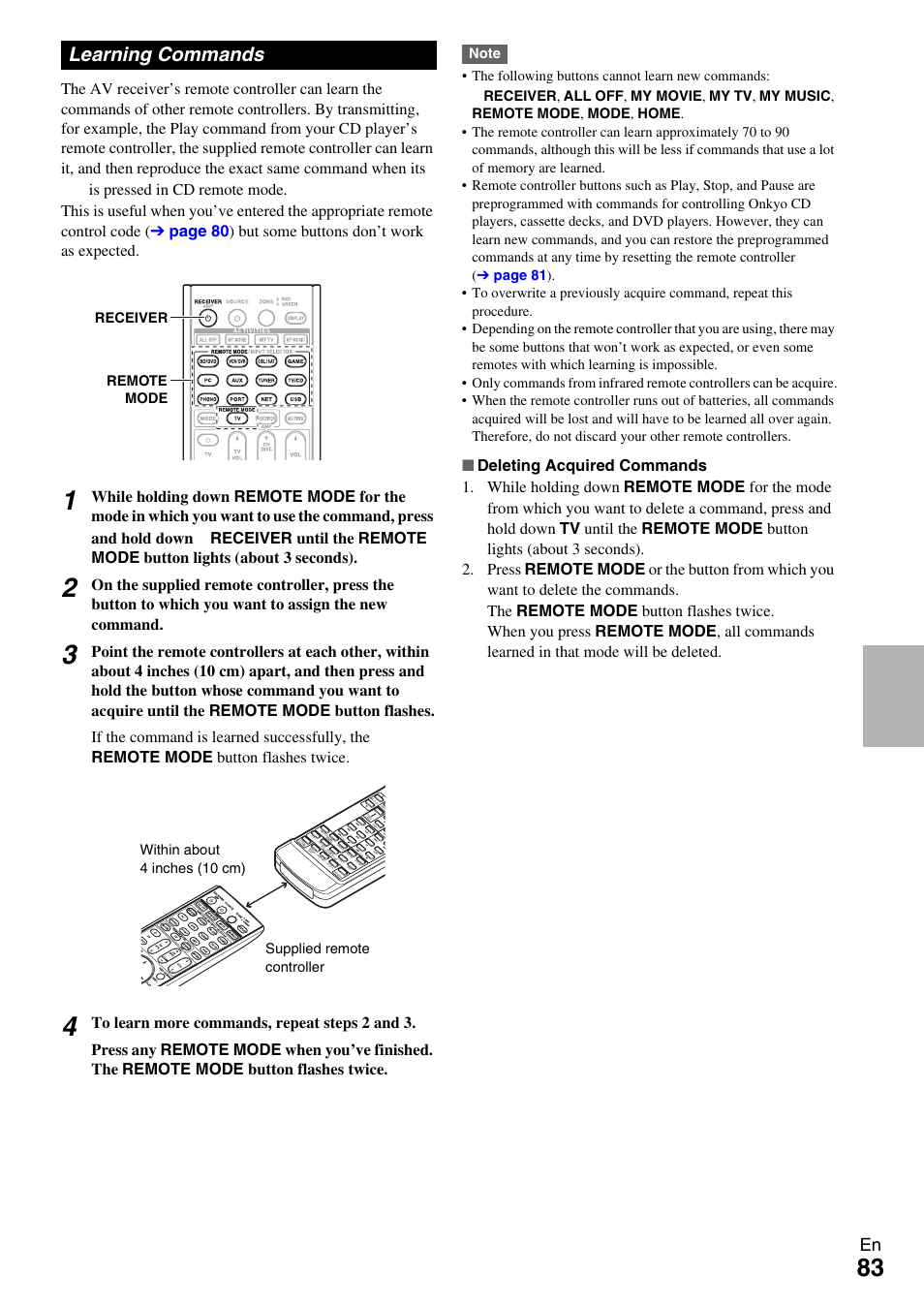 Learning commands, Receiver remote mode | Onkyo AV RECEIVER TX-NR5009 User Manual | Page 83 / 108