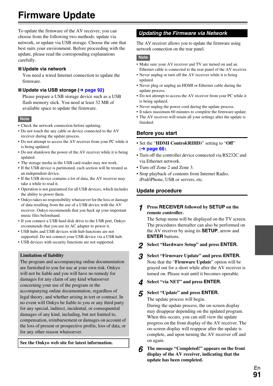 Firmware update, See “firmware update” fo | Onkyo AV RECEIVER TX-NR5009 User Manual | Page 91 / 108