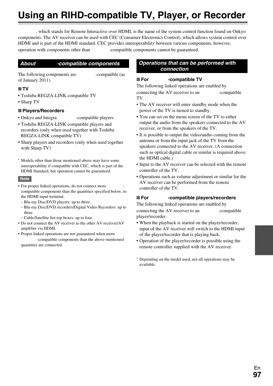 Using an rihd-compatible tv, player, or recorder, Using an rihd-compatible tv, player, Or recorder | Onkyo AV RECEIVER TX-NR5009 User Manual | Page 97 / 108