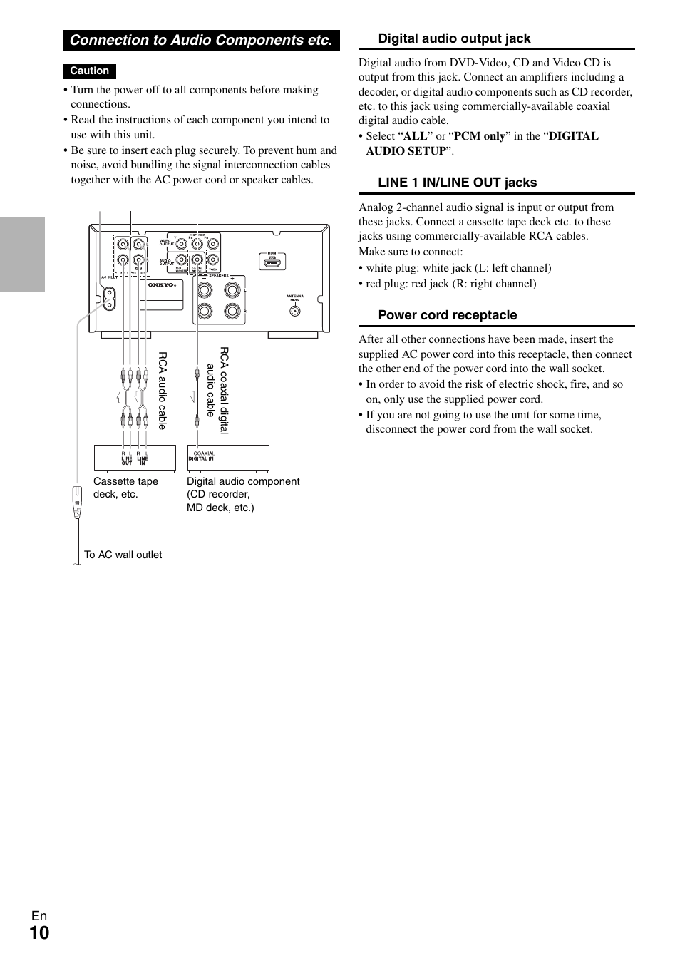 Connection to audio components etc | Onkyo DR-645 User Manual | Page 10 / 36