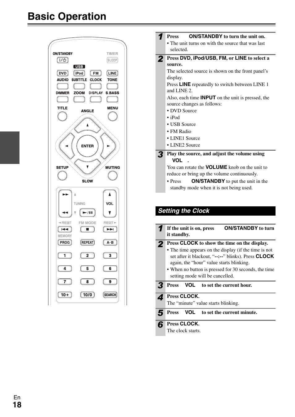 Basic operation, Setting the clock | Onkyo DR-645 User Manual | Page 18 / 36