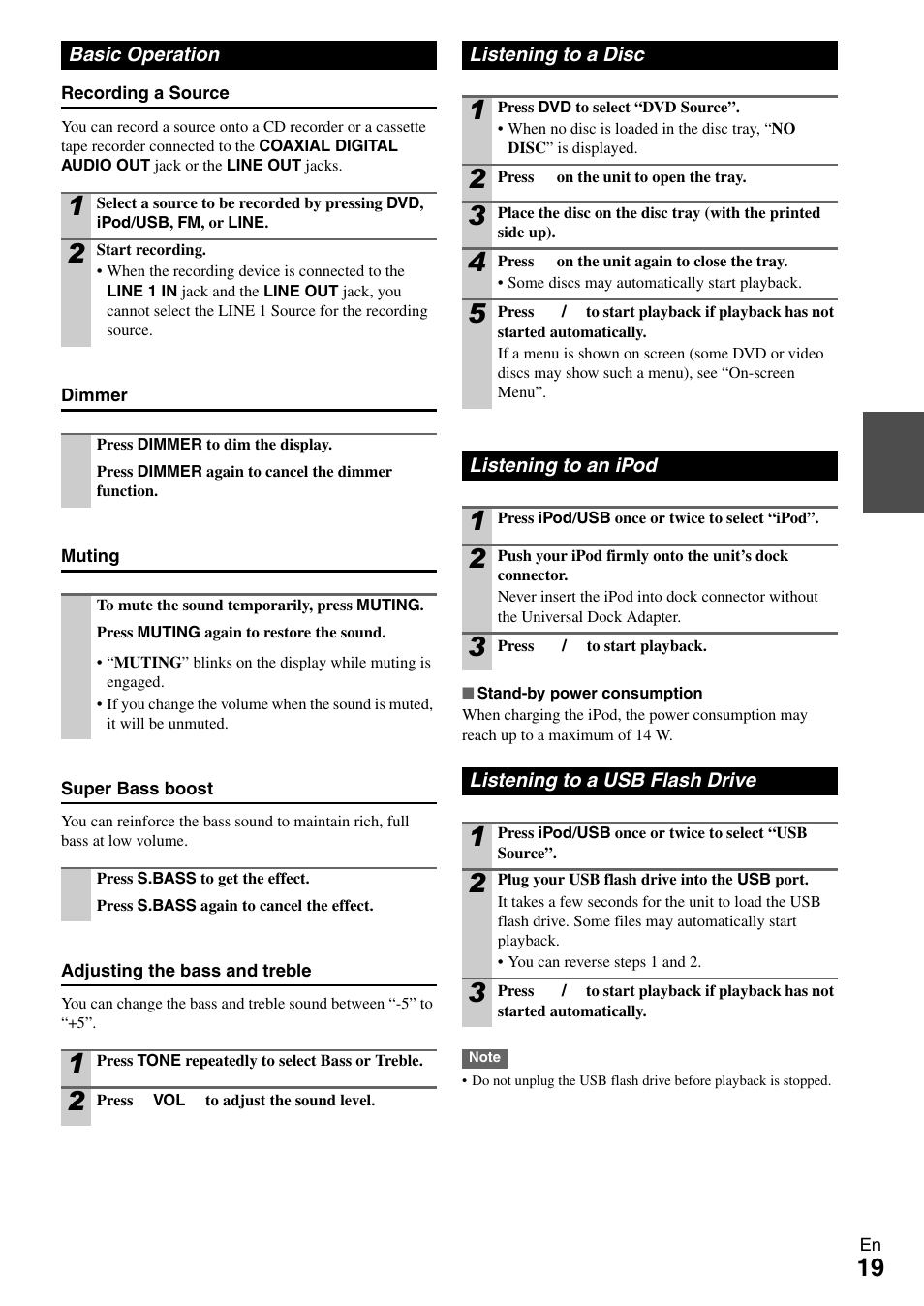 Basic operation, Listening to a disc, Listening to an ipod | Listening to a usb flash drive | Onkyo DR-645 User Manual | Page 19 / 36