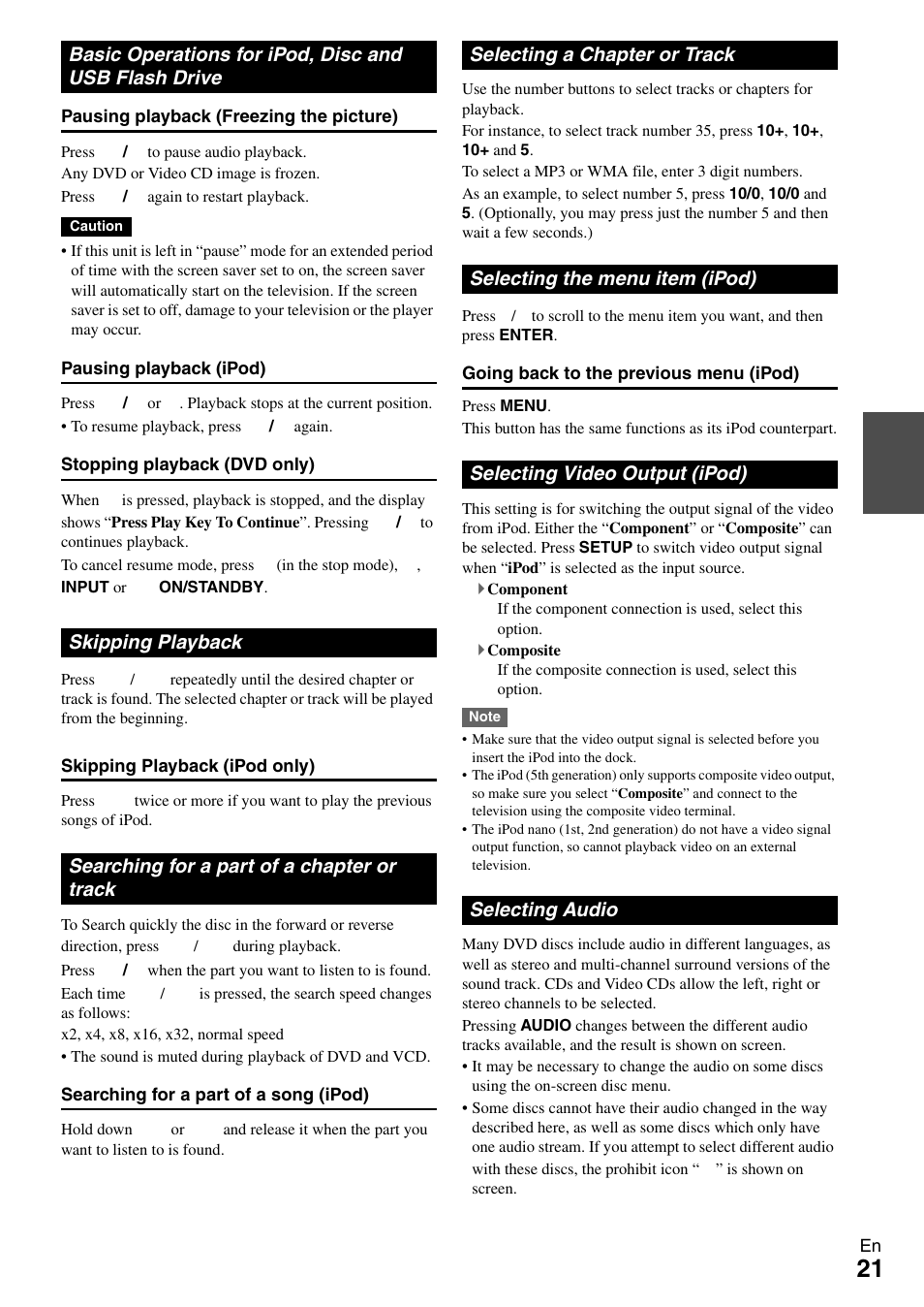 Skipping playback, Searching for a part of a chapter or track, Selecting a chapter or track | Selecting the menu item (ipod), Selecting video output (ipod), Selecting audio, Basic operations for ipod, disc, And usb flash drive | Onkyo DR-645 User Manual | Page 21 / 36