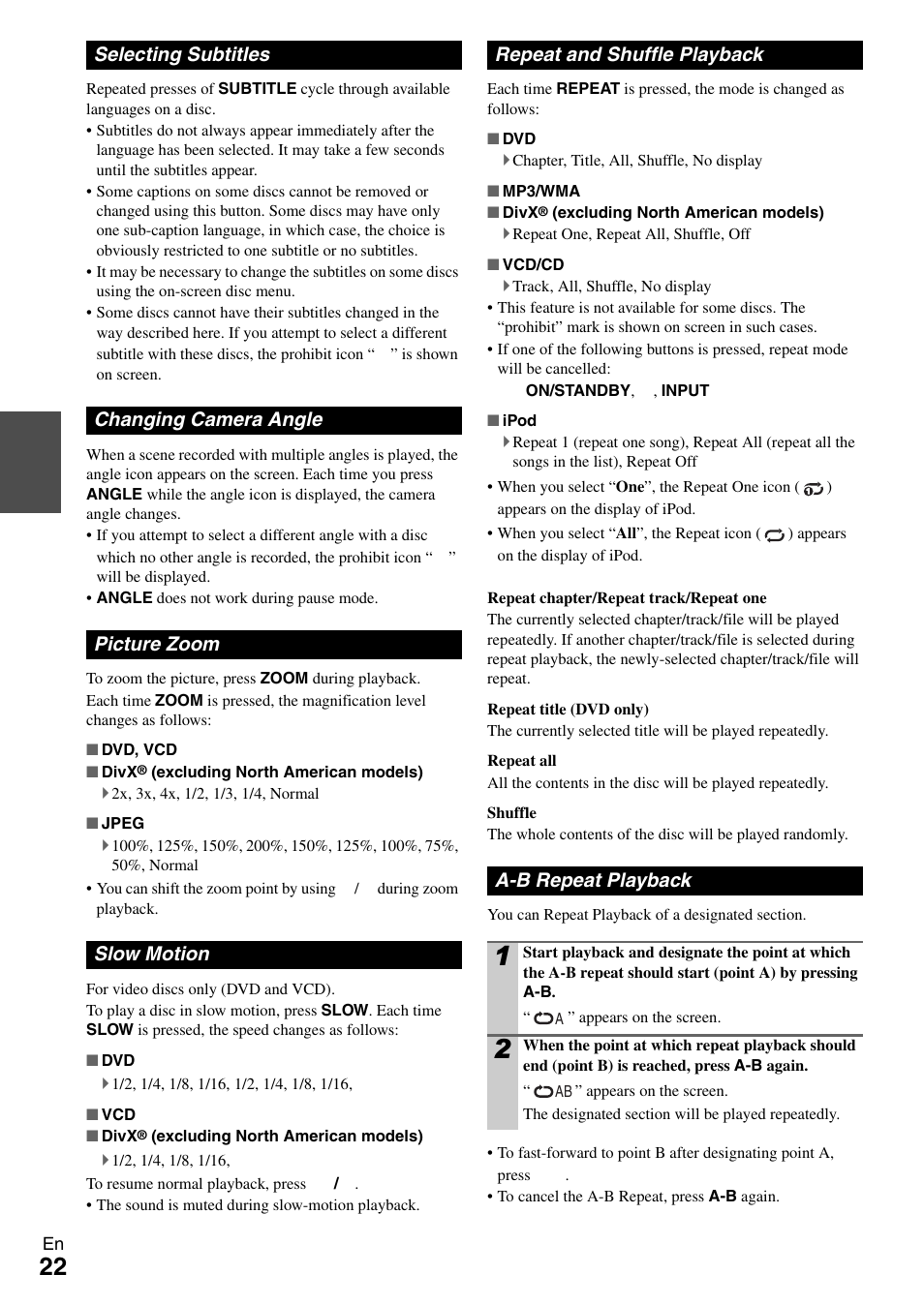 Selecting subtitles, Changing camera angle, Picture zoom | Slow motion, Repeat and shuffle playback, A-b repeat playback | Onkyo DR-645 User Manual | Page 22 / 36