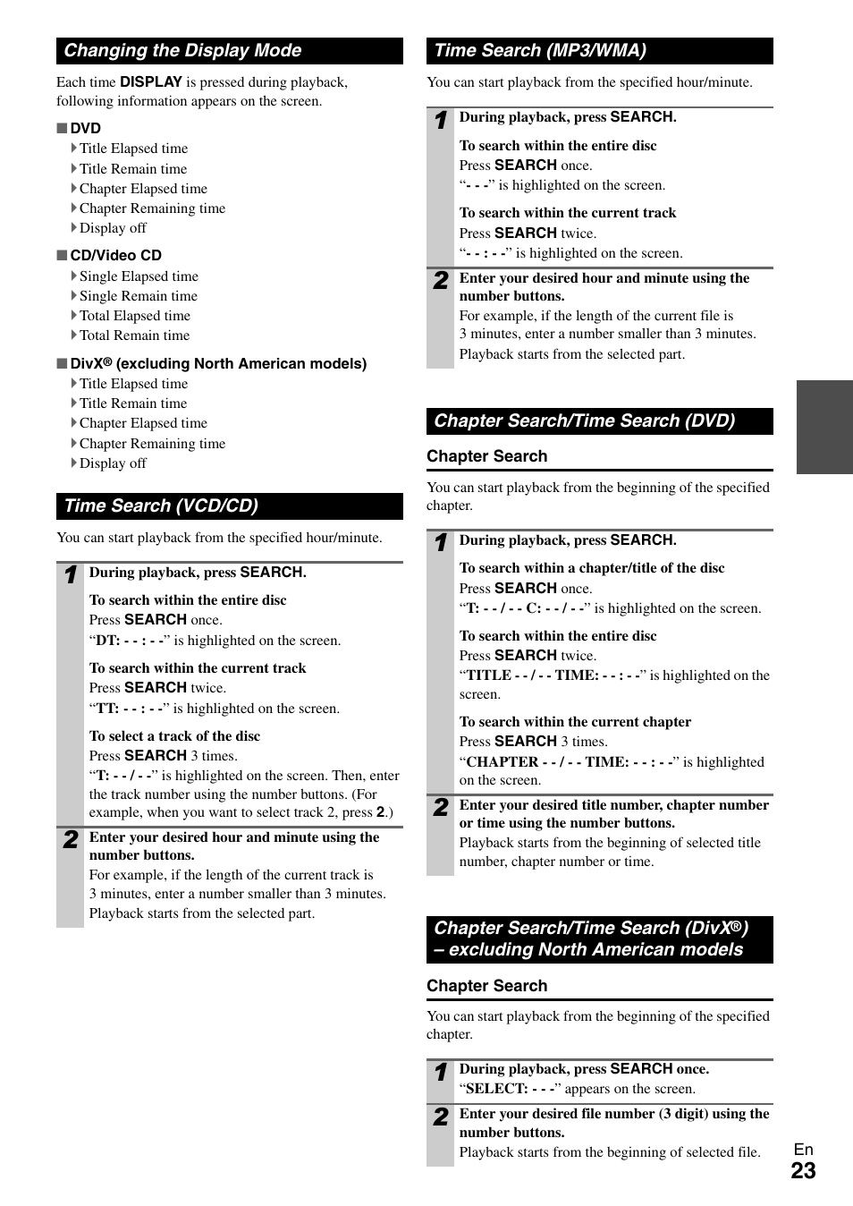 Changing the display mode, Time search (vcd/cd), Time search (mp3/wma) | Chapter search/time search (dvd) | Onkyo DR-645 User Manual | Page 23 / 36