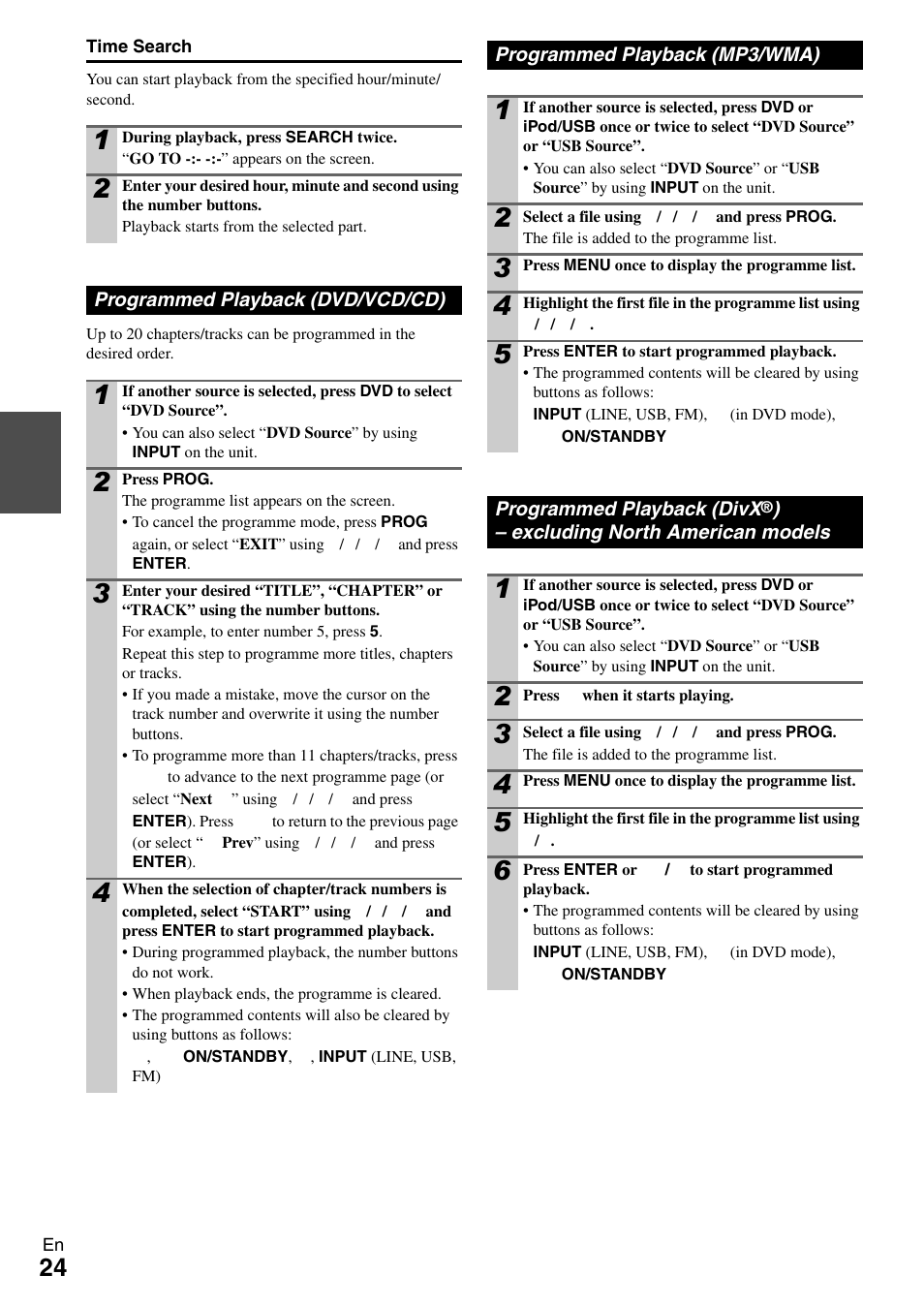 Programmed playback (dvd/vcd/cd), Programmed playback (mp3/wma) | Onkyo DR-645 User Manual | Page 24 / 36