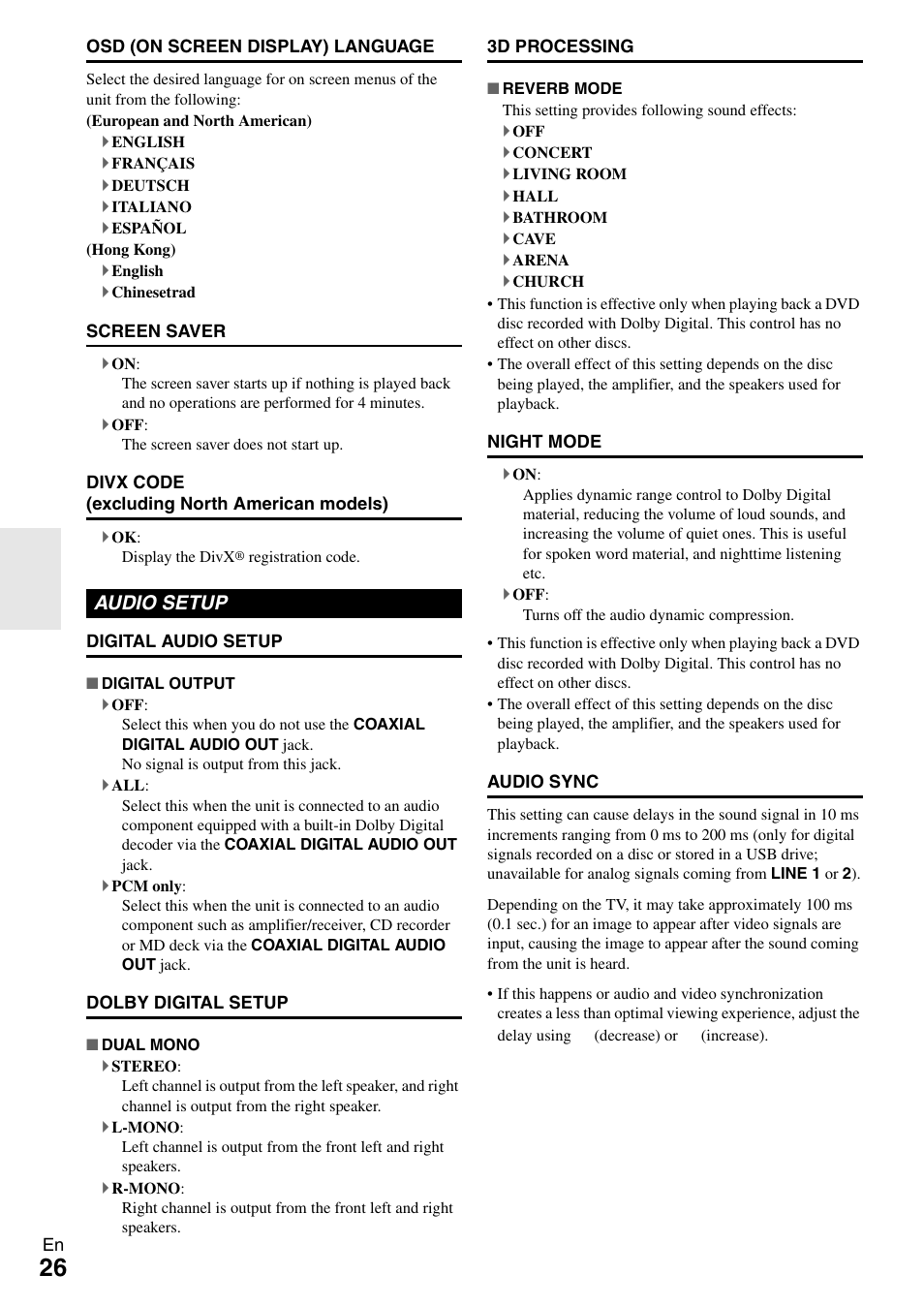 Audio setup | Onkyo DR-645 User Manual | Page 26 / 36