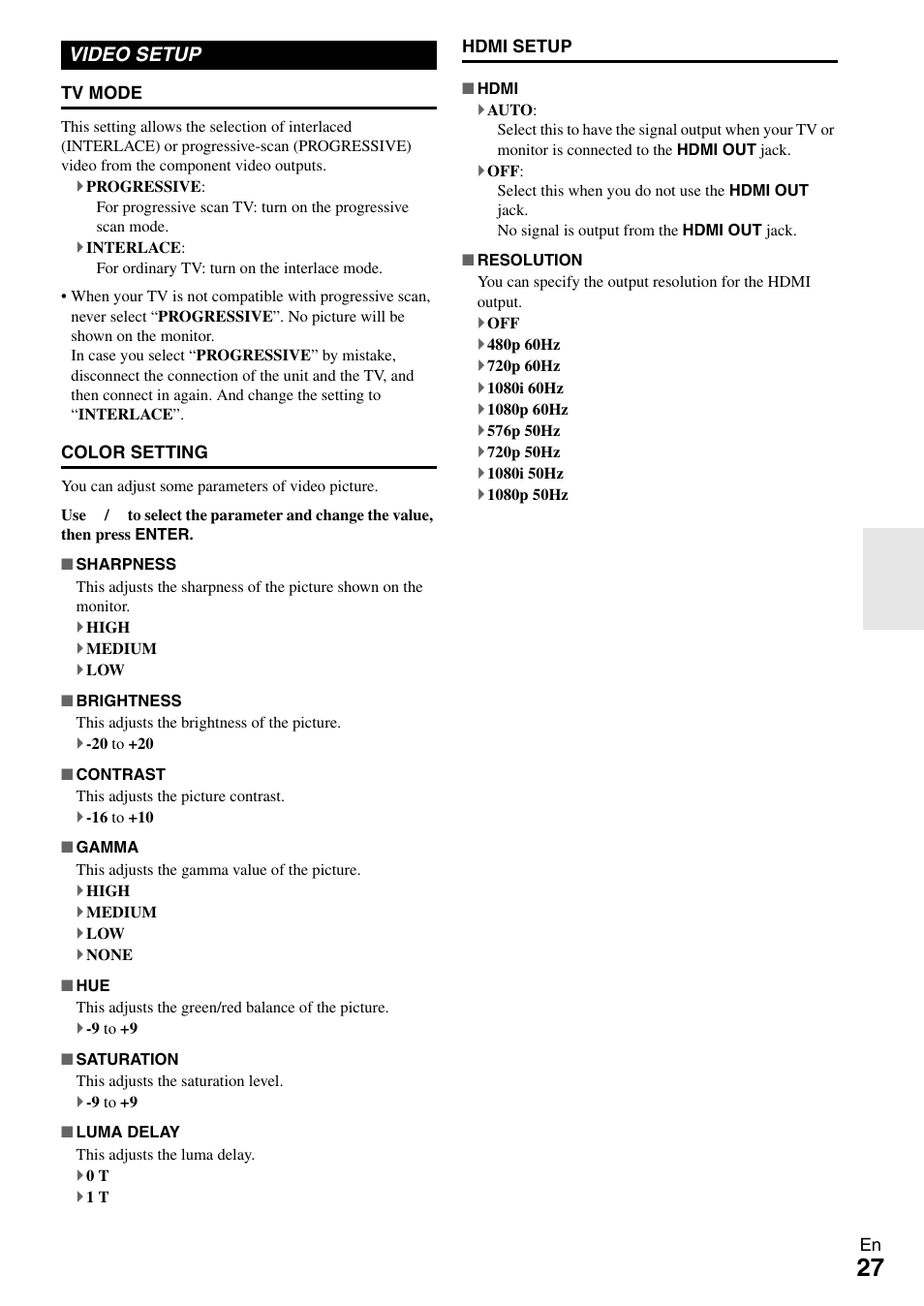 Video setup | Onkyo DR-645 User Manual | Page 27 / 36