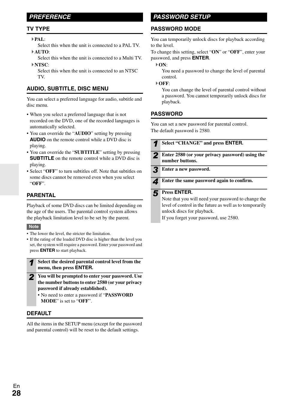 Preference, Password setup, Preference password setup | Onkyo DR-645 User Manual | Page 28 / 36