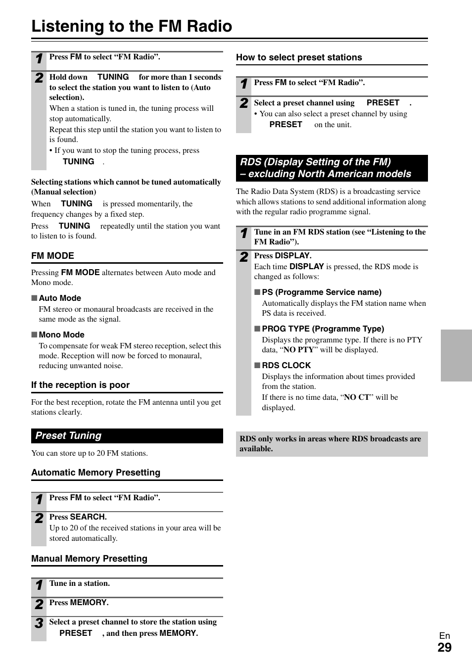 Listening to the fm radio, Preset tuning, Preset tuning rds (display setting of the fm) | Excluding north american models | Onkyo DR-645 User Manual | Page 29 / 36