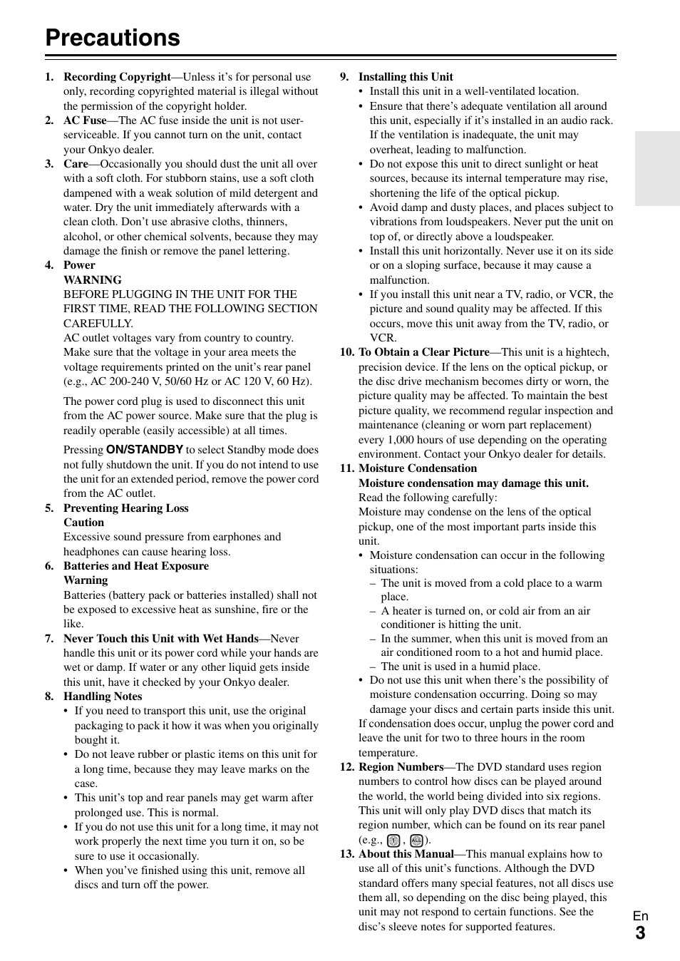 Precautions | Onkyo DR-645 User Manual | Page 3 / 36