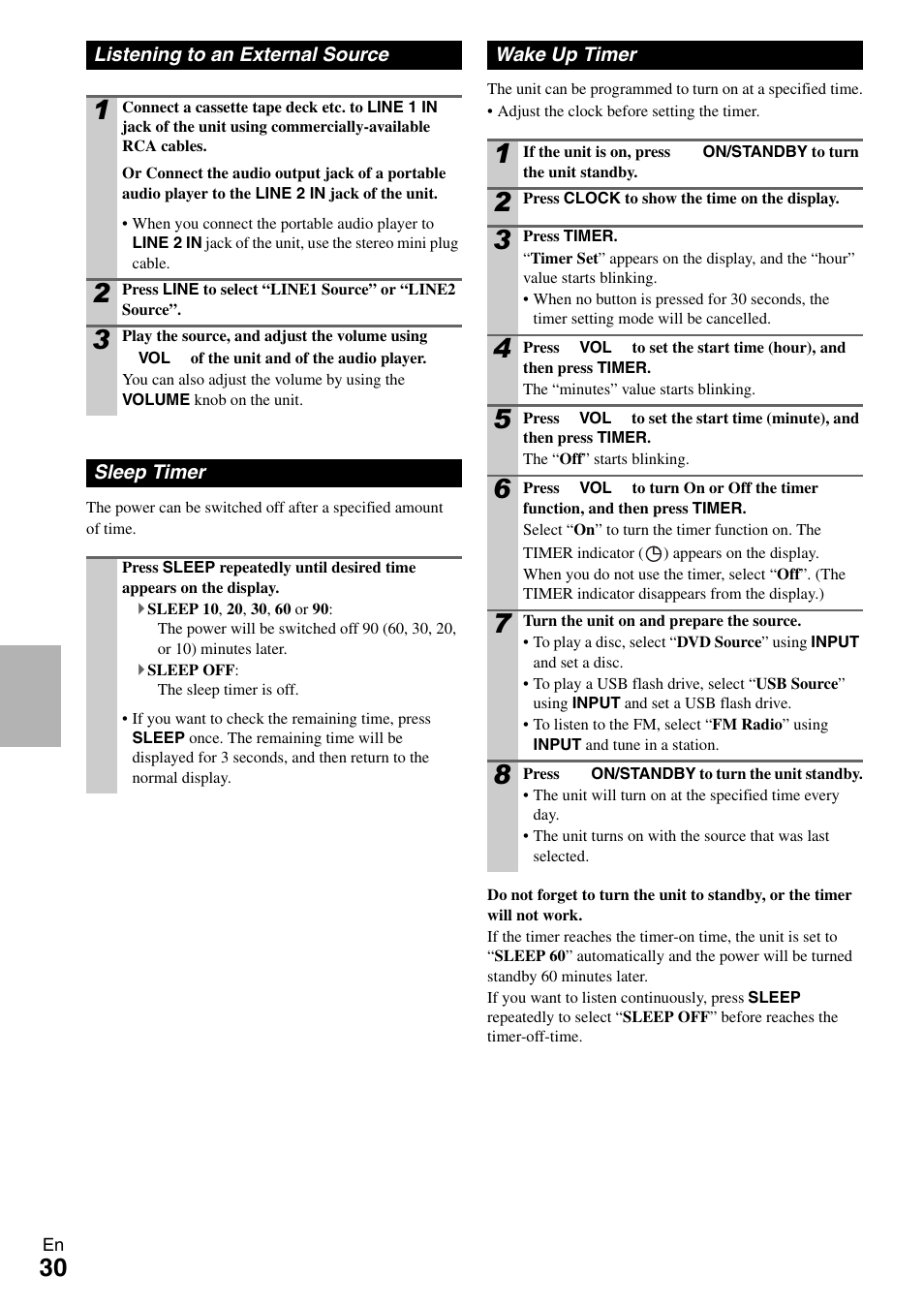 Listening to an external source, Sleep timer, Wake up timer | Onkyo DR-645 User Manual | Page 30 / 36