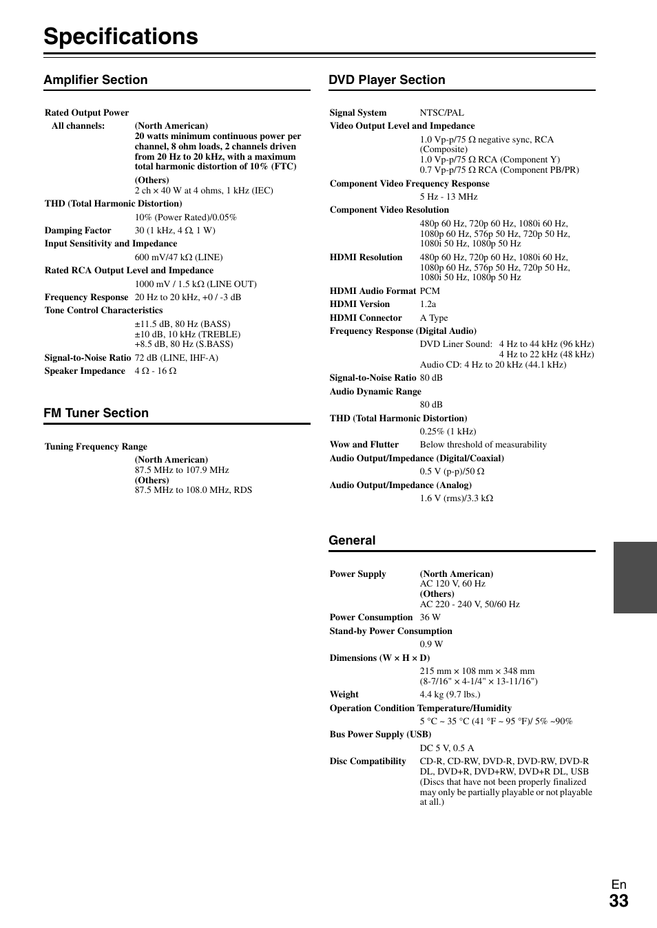 Specifications | Onkyo DR-645 User Manual | Page 33 / 36