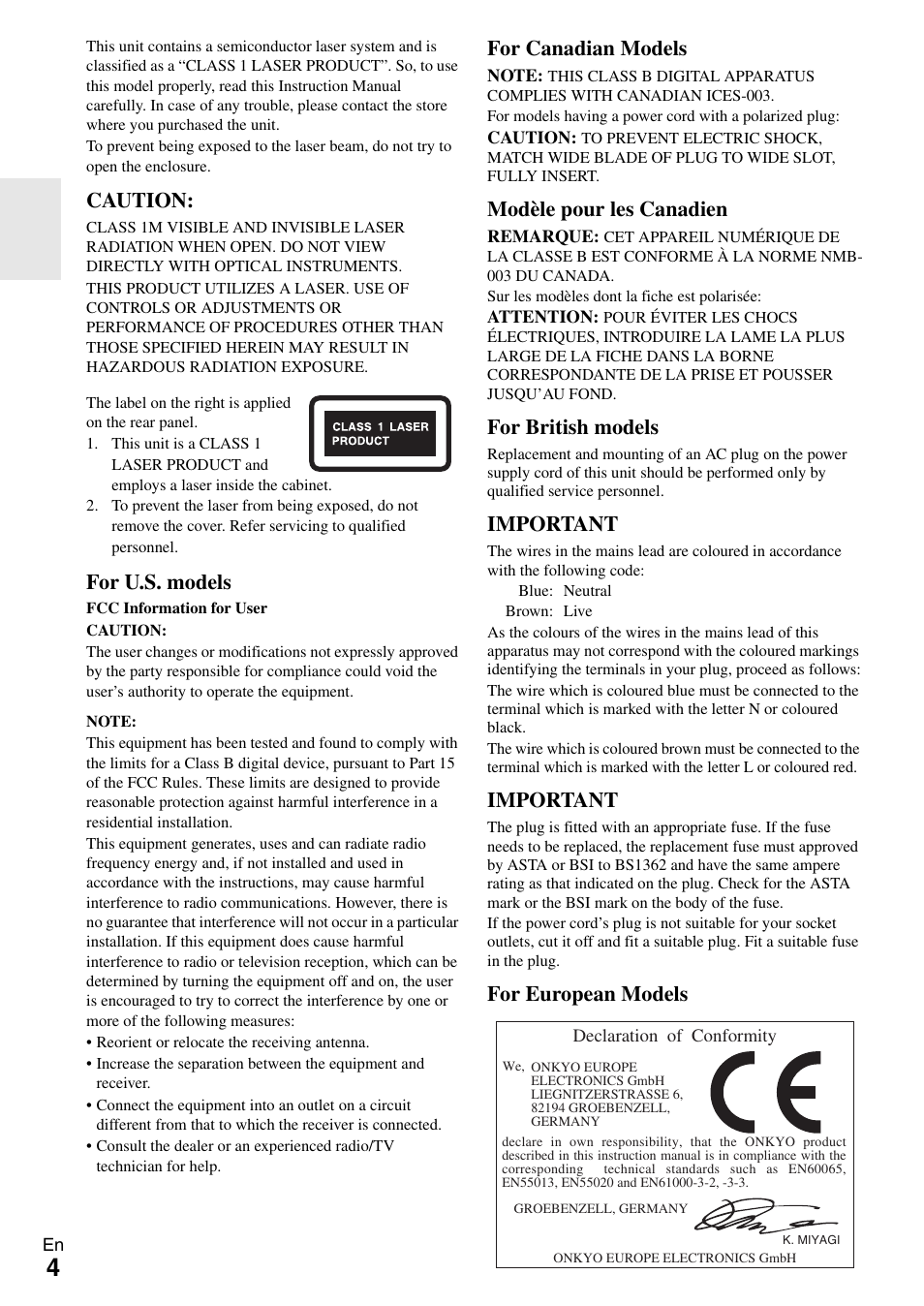 Caution, For u.s. models, For canadian models | Modèle pour les canadien, For british models, Important, For european models | Onkyo DR-645 User Manual | Page 4 / 36