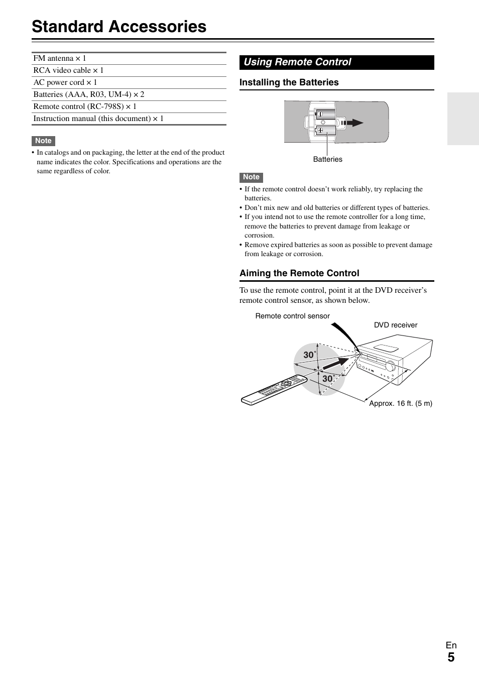 Standard accessories, Using remote control | Onkyo DR-645 User Manual | Page 5 / 36