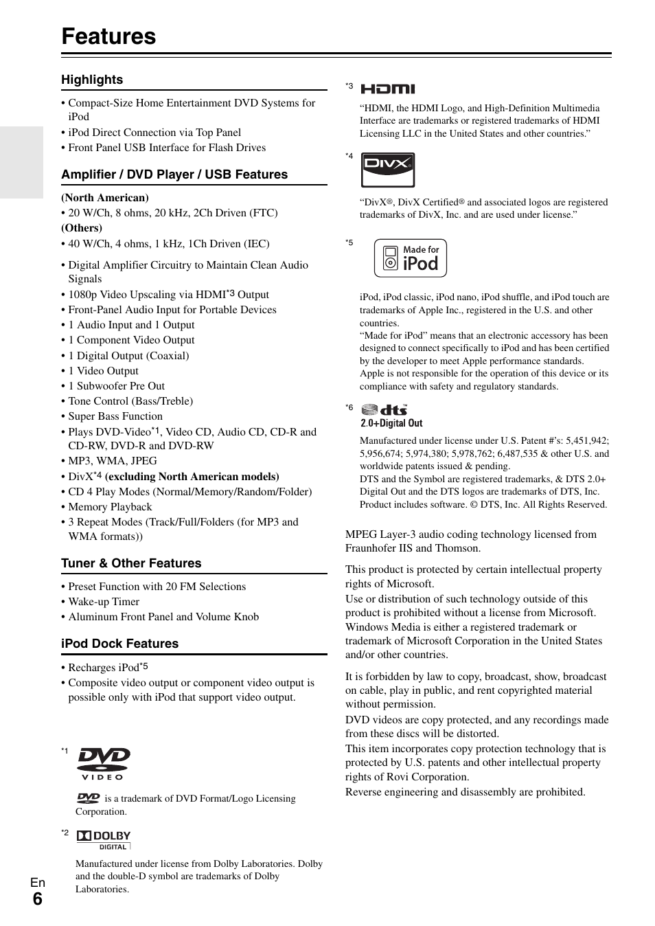 Features | Onkyo DR-645 User Manual | Page 6 / 36