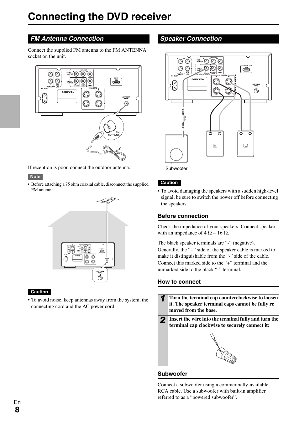 Connections, Connecting the dvd receiver, Fm antenna connection | Speaker connection, Fm antenna connection speaker connection | Onkyo DR-645 User Manual | Page 8 / 36