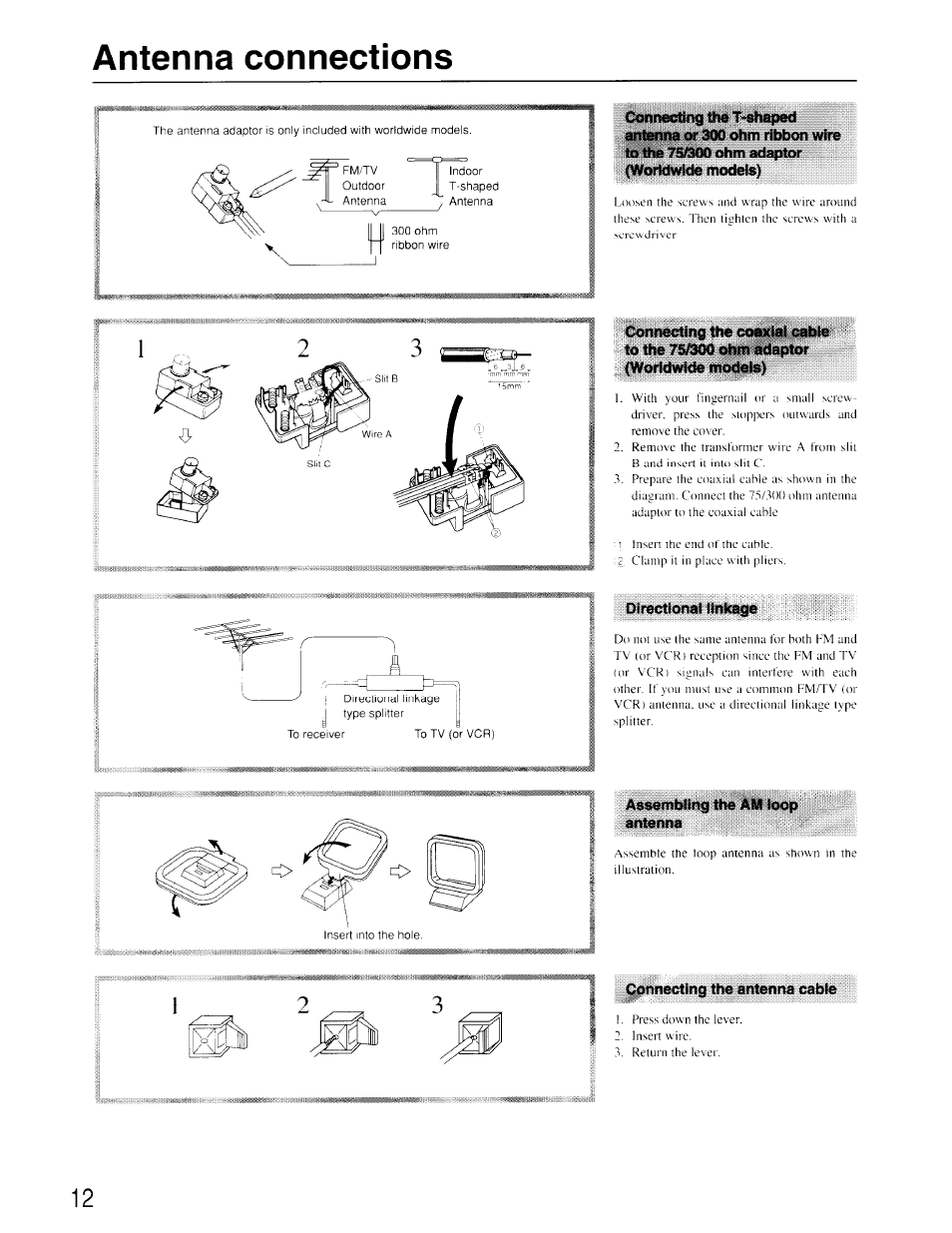 Directional itnicsge, Antenna connections | Onkyo TX-SV535 User Manual | Page 12 / 32