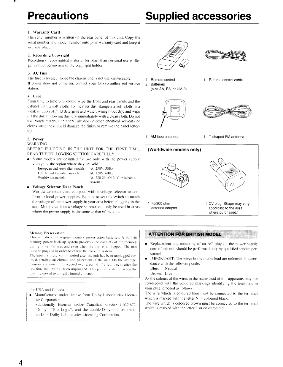 Supplied accessories, Attention for british model, Precautions supplied accessories | Worldwide models only) | Onkyo TX-SV535 User Manual | Page 4 / 32