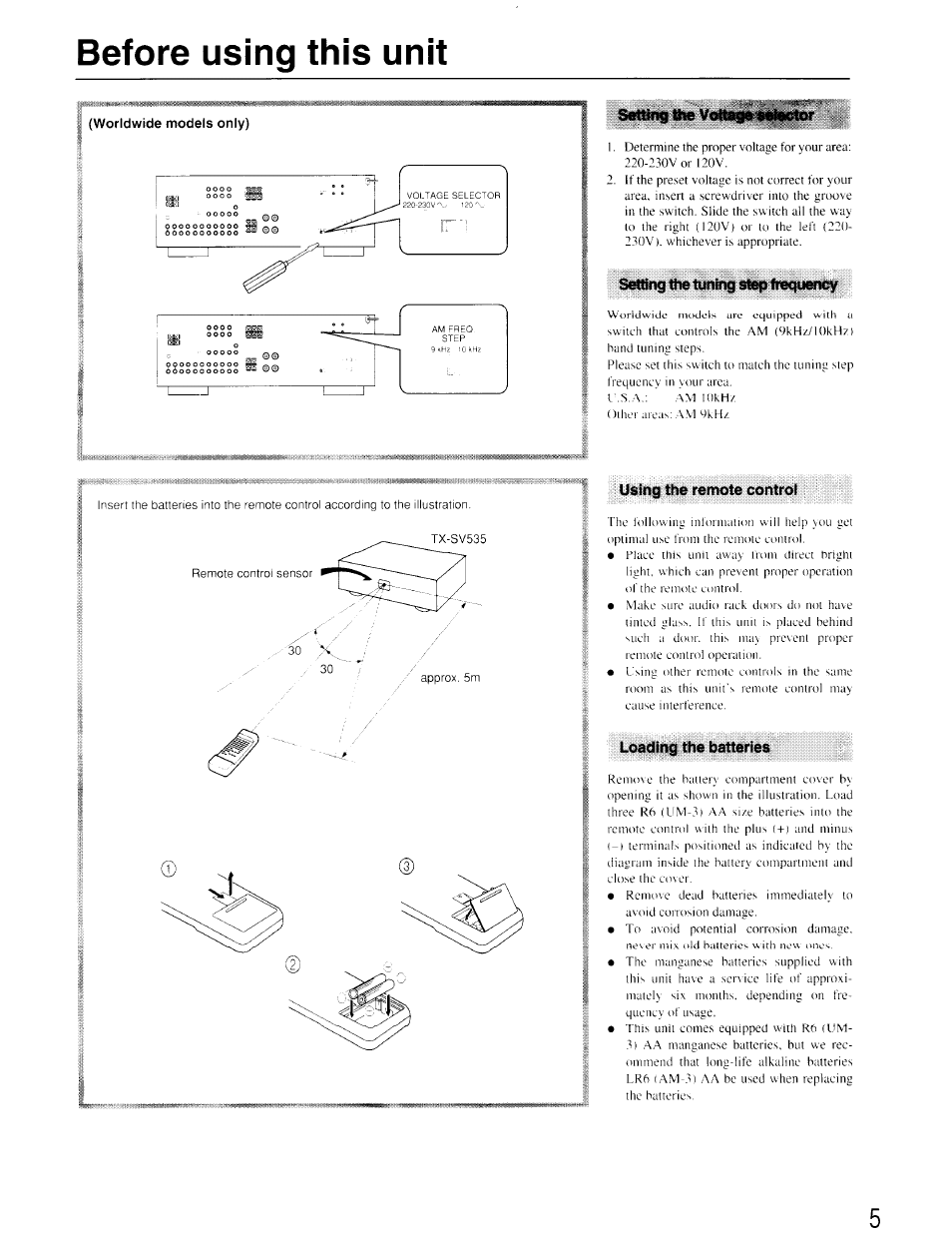 Setting ttw volt^ «elector, Setting the tuning step frequency, Using the remote control | Loading the batteries, Before using this unit | Onkyo TX-SV535 User Manual | Page 5 / 32
