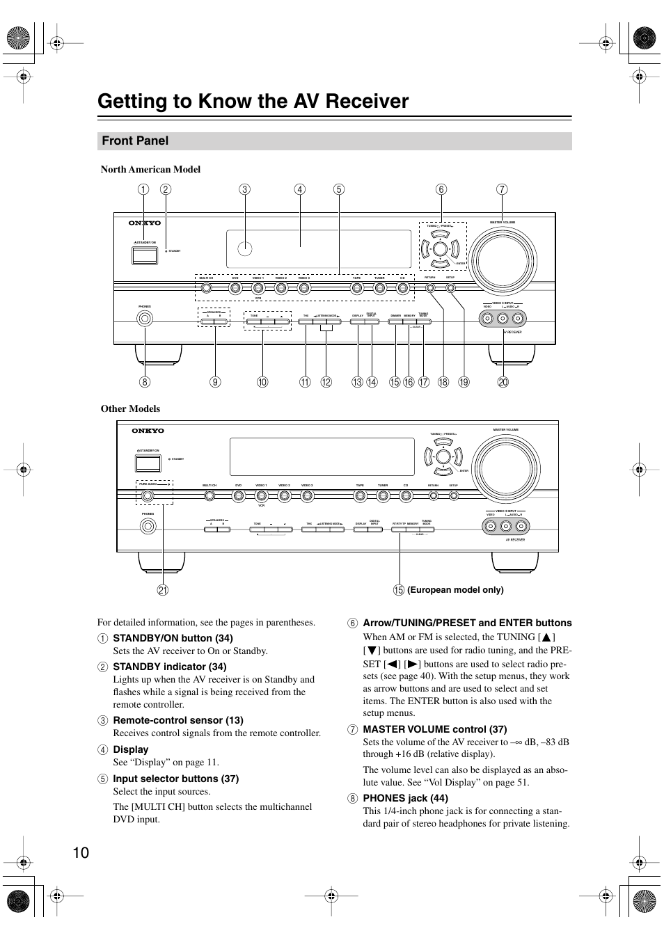 Getting to know the av receiver, Front panel, Display see “display” on page 11 | North american model other models | Onkyo HT-S990THX User Manual | Page 10 / 68